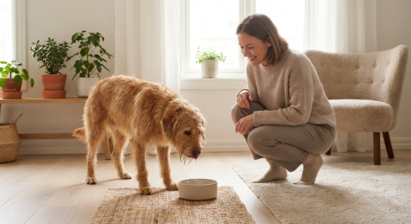 Koera tundlik seedimine: põhjused ja sobiv toit | Sniffy - Parima sõbra heaks Rõõmsameelne koer joob koduses keskkonnas kausist värsket vett